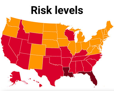 Risk levels map of U.S. with some states red, orange and yellow