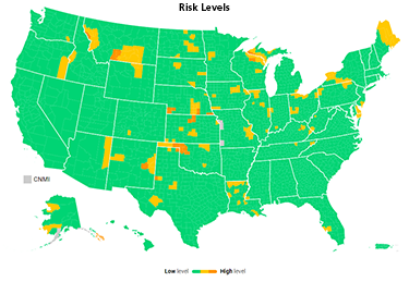 U.S. COVID Risk & Vaccine Tracker with colored U.S. map