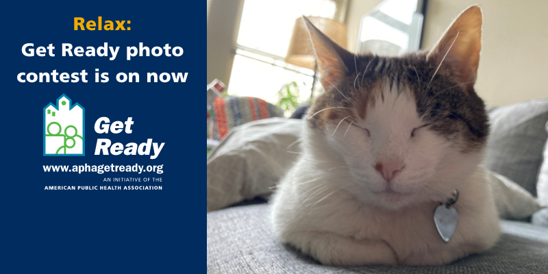 Sleepy cat with text "Relax: Get Ready photo contest is on now" and Get Ready logo