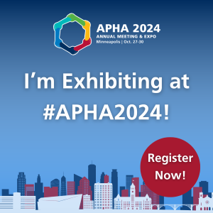 APHA 2024 Annual Meeting logo with text: "APHA 2024  Annual Meeting & Expo Minneapolis | Oct. 27-30" In Center: "I'm Exhibiting at #APHA2024!" Minneapolis skyline in blue, red, and white with a reflection underneath. Bottom right corner has a dark red circle with "Register Now!" in the middle. Dark to light blue vertical gradient background.