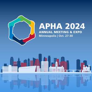 APHA 2024 Annual Meeting logo with text: APHA 2024  Annual Meeting & Expo Minneapolis | Oct. 27-30 Minneapolis skyline in blue, red, and white with a reflection underneath. Dark to light blue vertical gradient background.