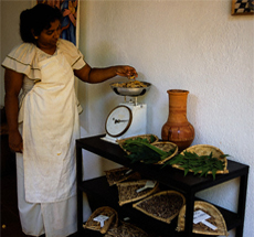 Shopkeeper weighs goods on scale