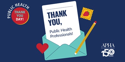 Public Health Thank You Day graphic for Twitter, with a letter saying "Thank You, Public Health Professionals" coming out of an envelope, with a pencil, a stamp and a heart