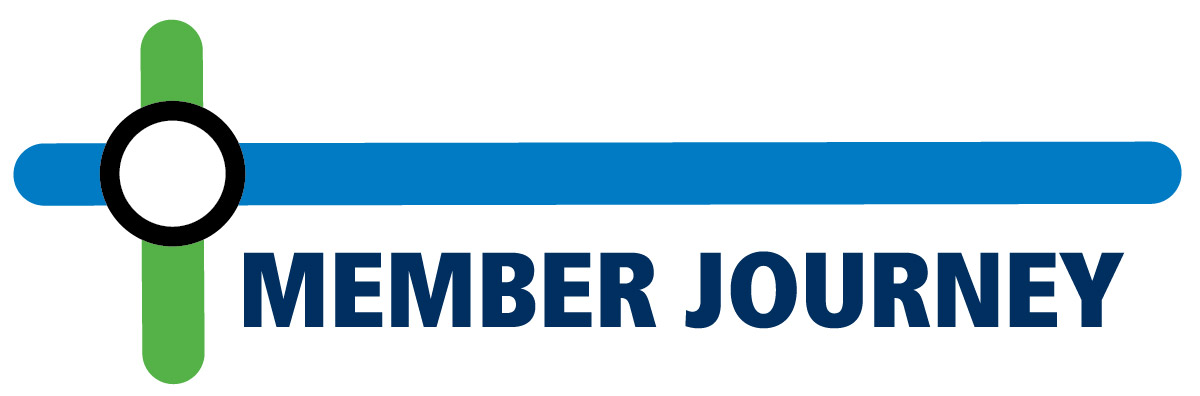 Blue and green lines intersecting in a white circle with the words member journey in background